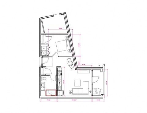 1  Bed   1  Bath   589 Sq. Ft. Brussells II Type A - South A5 Floor Plan at Expo at Forest Park, St. Louis, MO, 63112